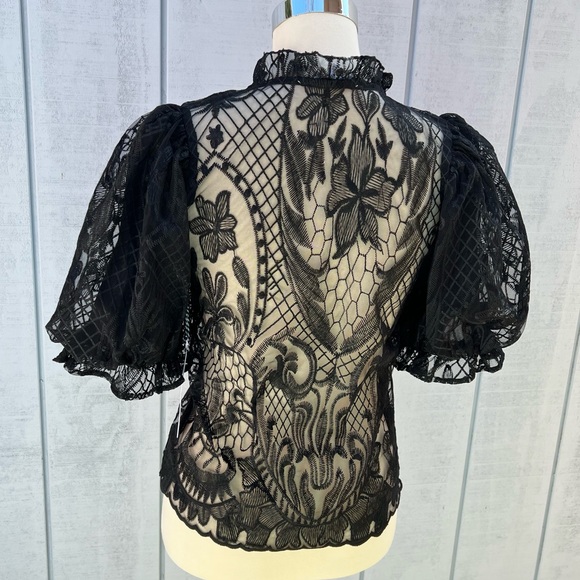 Story On Lace Sheer Balloon Sleeve Blouse Top Short Sleeve Black - Picture 3 of 12